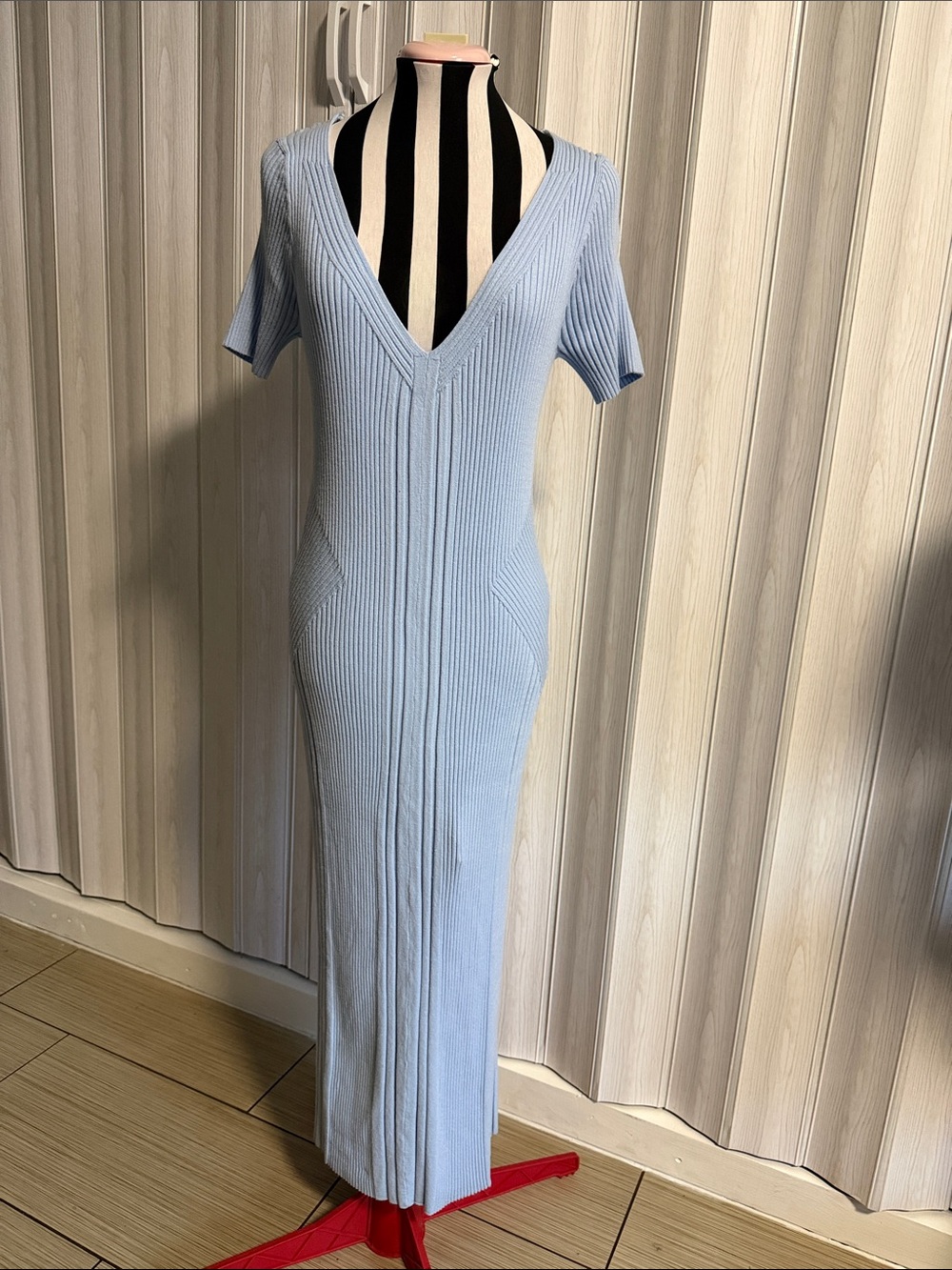 En Saison Powder Blue Ribbed V-Neck Maxi Dress
